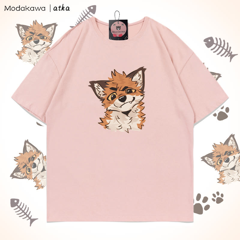 MODAKAWA X atka Funny Fox Graphic T-shirt - Pink - 5XL - image 5