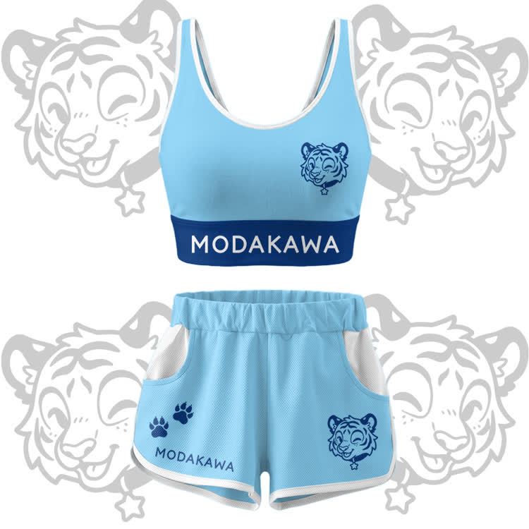 Happy Tiger Graphic Crop Tank Sport Top Shorts Bikini Modakawa Matching Outfit - Blue Set - 5XL - image 15