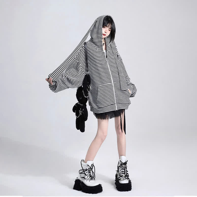Long Bunny Ears Pocket Oversize Zipper Hooded Sweatshirt   - Black Stripe - 3XL - image 9