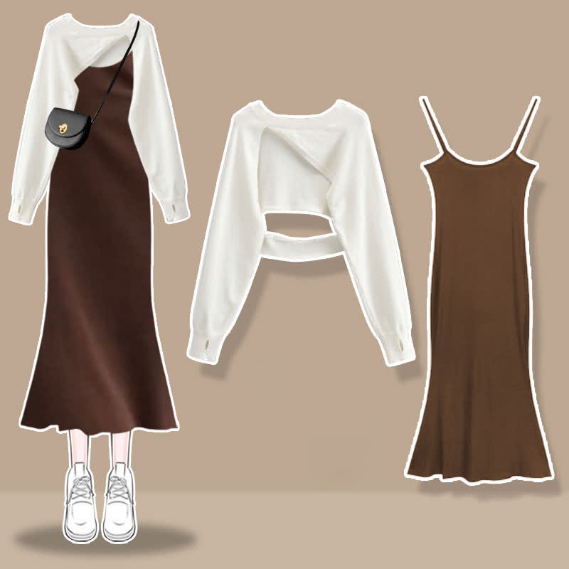 Irregular Hollow Out Sweater Ruffled Split Slip Dress Matching Outfit - Set C - XL - image 3