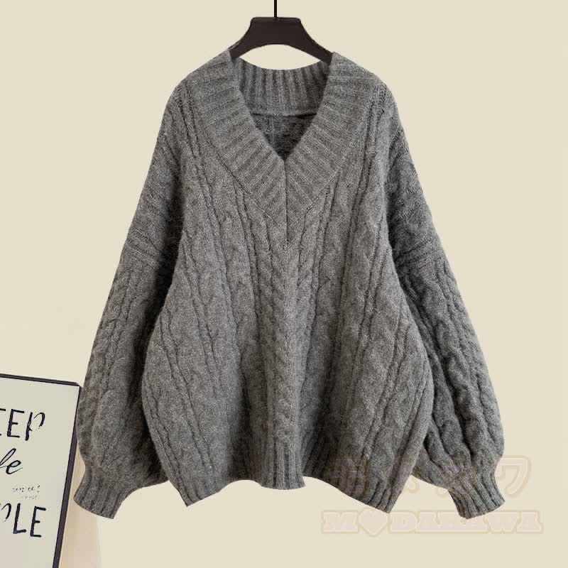 V-neck Cable Sweater Fishtail Skirt Two Pieces Set - Gray Sweater - XL - image 7