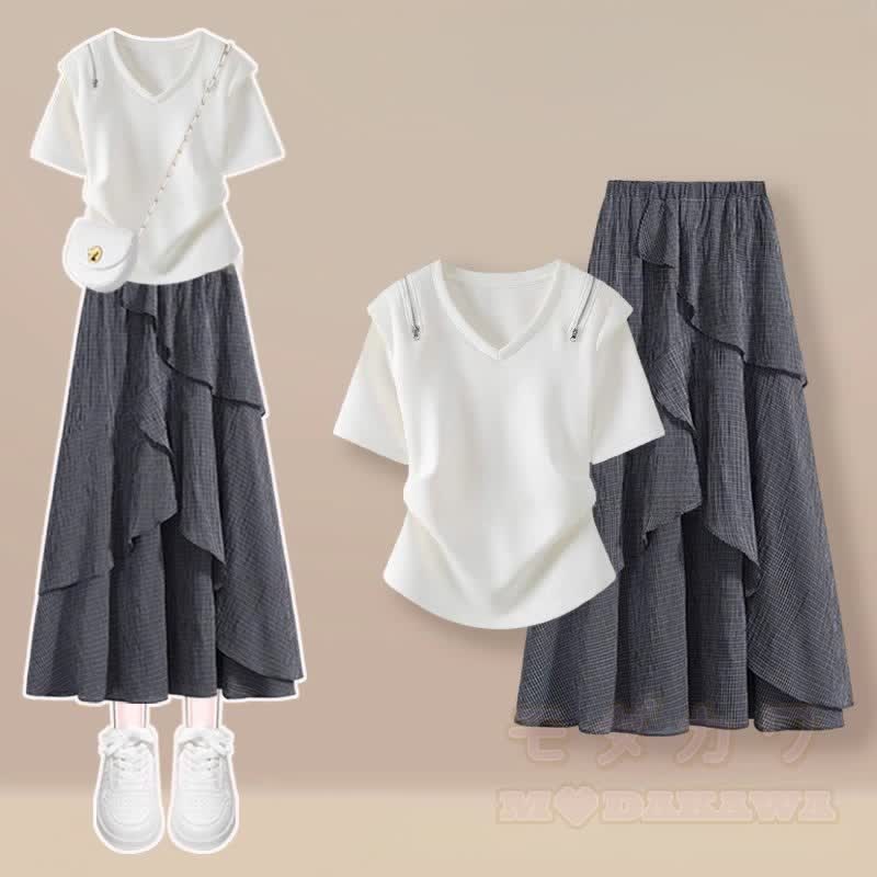 Irregular T-shirt Plaid Skirt Matching Outfit - Two Pieces Set E - 3XL - image 5