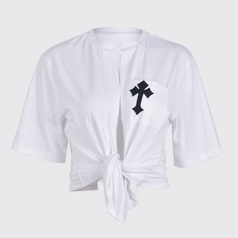 Cross Embroidery Pocket Lace Up Crop T-Shirt - image 1