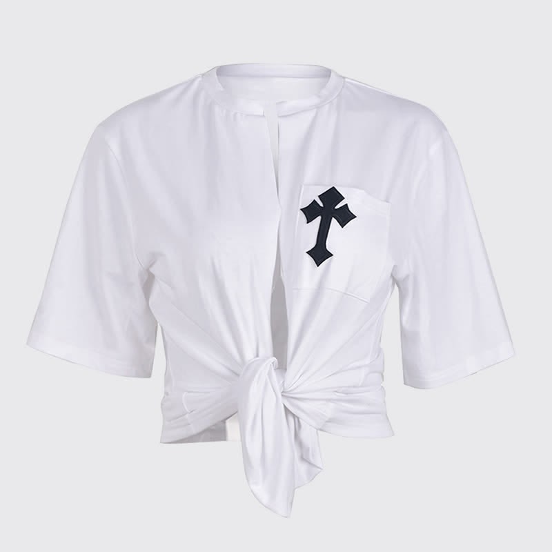 Cross Embroidery Pocket Lace Up Crop T-Shirt - image 1