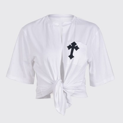 Cross Embroidery Pocket Lace Up Crop T-Shirt - image 1