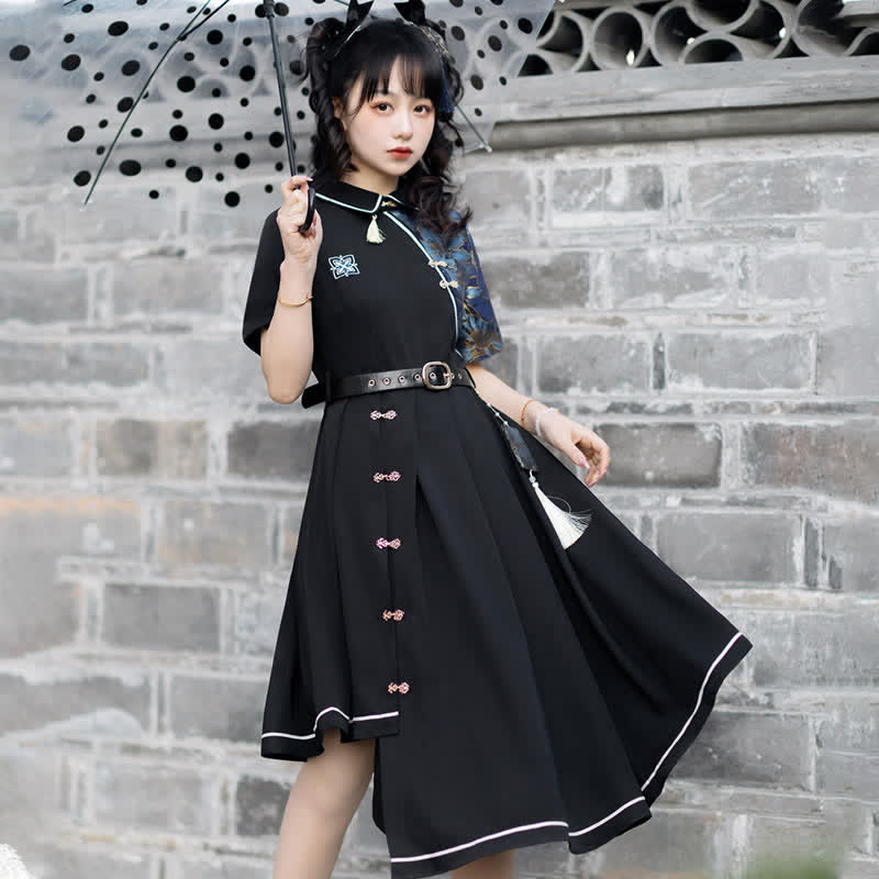 Vintage Lapel Floral Embroidery Button Splice Irregular Dress With Belt - image 5