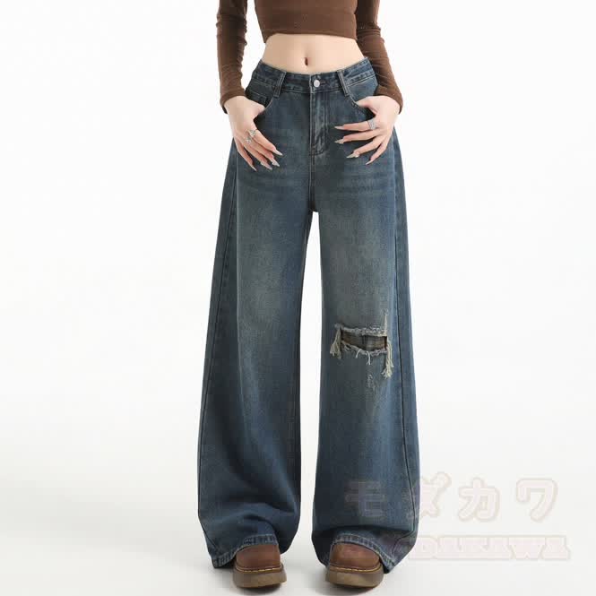 Vintage Wide Leg Ripped Jeans with Plaid Strap - image 6