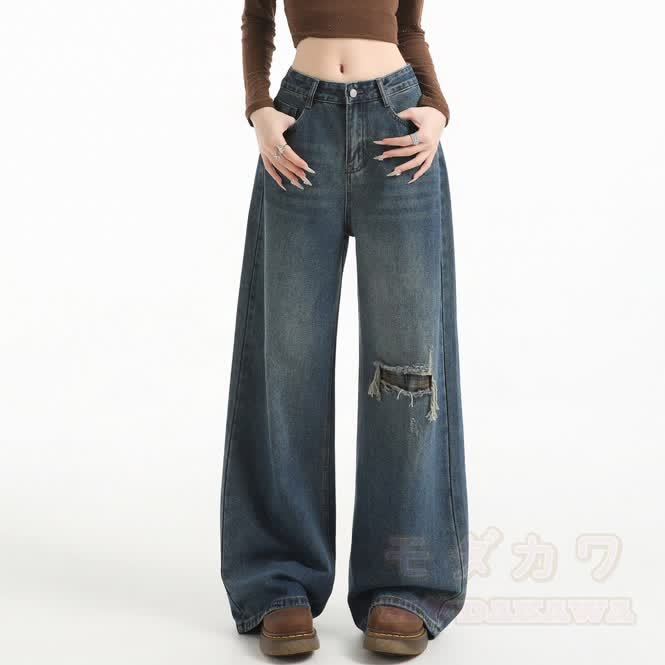 Vintage Wide Leg Ripped Jeans with Plaid Strap - image 6