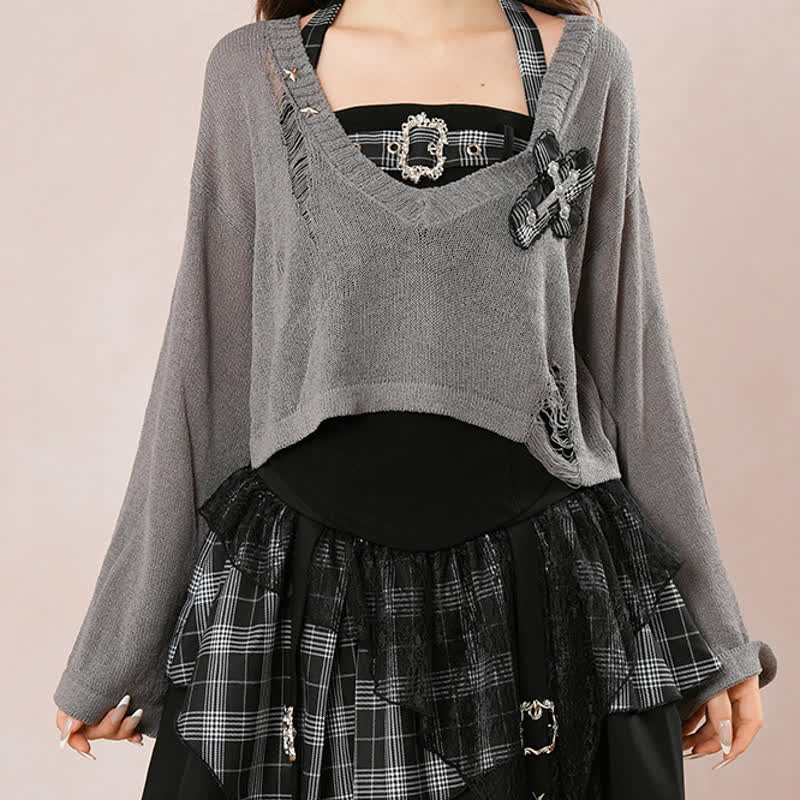 Gothic Plaid Halter Top Asymmetric Tiered Skirt Three Pieces Set - image 6