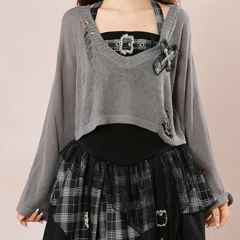 Gothic Plaid Halter Top Asymmetric Tiered Skirt Three Pieces Set - image 6