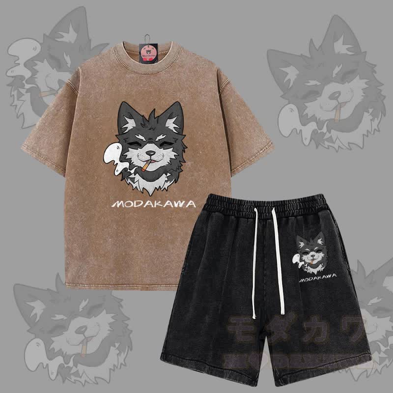 MODAKAWA Smoking Puppy Graphic Vintage Washed T-shirt Shorts Two Pieces Set - Brown&Black - 3XL - image 6
