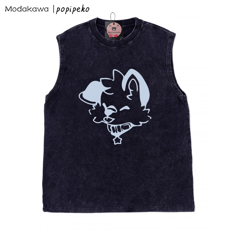 MODAKAWA X popipeko Puppy Graphic Unisex Vintage Washed Sleeveless T-Shirt - Black - 2XL - image 4