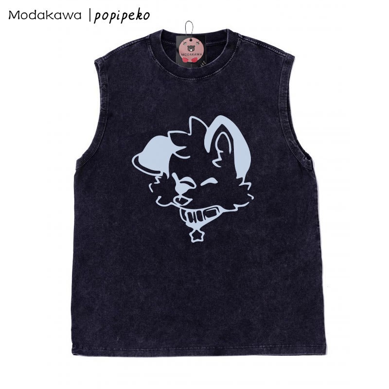 MODAKAWA X popipeko Puppy Graphic Unisex Vintage Washed Sleeveless T-Shirt - Black - 2XL - image 4
