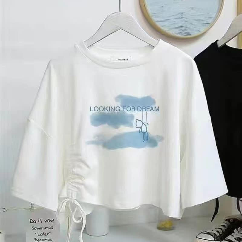  College Style Print Short Sleeve T-shirt Irregular Tulle Skirt Two Pieces Set - Top F - XL - image 16