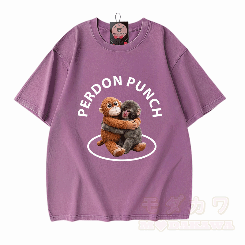 PERDON PUNCH Hugging Monkey Graphic Modakawa Unisex Vintage Washed T-shirt - Purple - 5XL - image 4