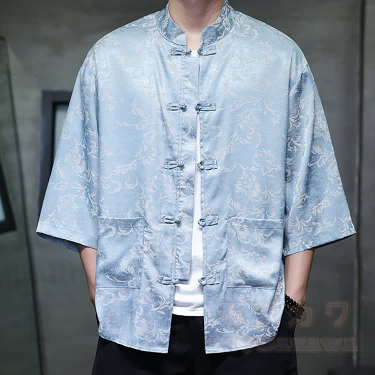 Oversized Dragon Jacquard Mandarin Collar Shirt - Light Blue - 5XL - image 6