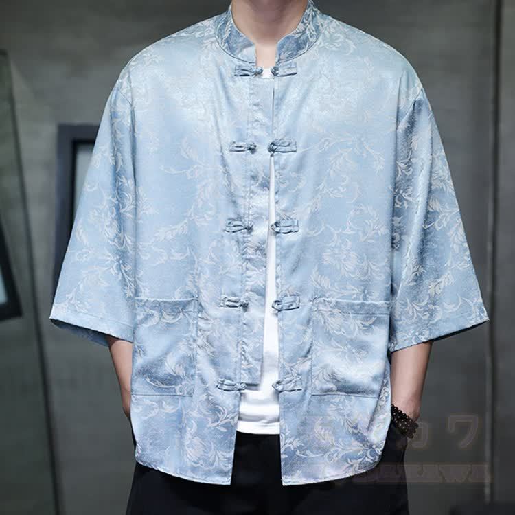 Oversized Dragon Jacquard Mandarin Collar Shirt - Light Blue - 5XL - image 6