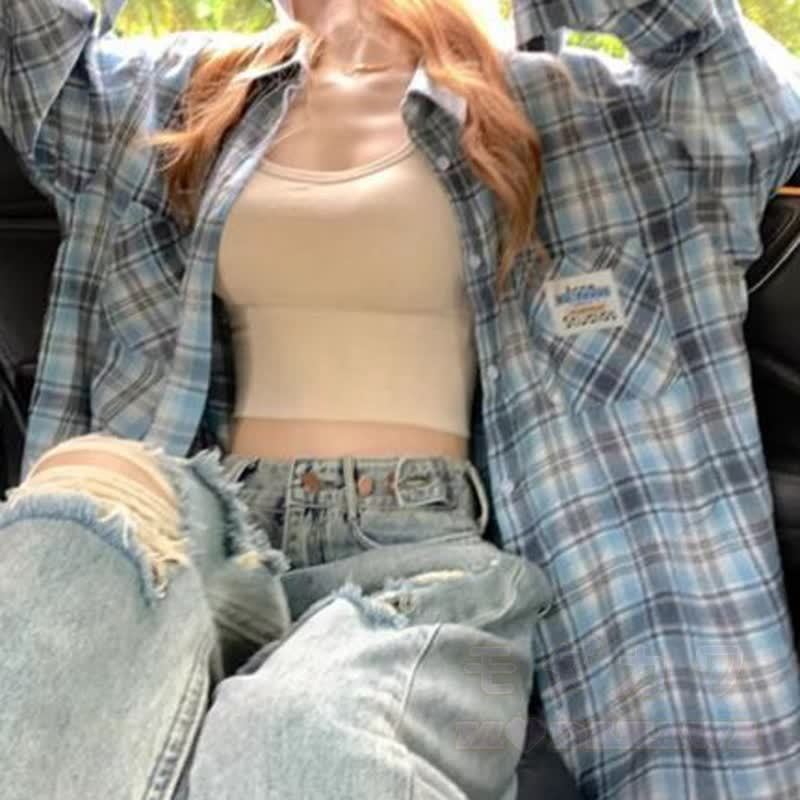  Casual Butterfly Print Tee Plaid Shirt Cargo Wide Leg Pants Three Pieces Set - Blue Shirt - 3XL - image 14