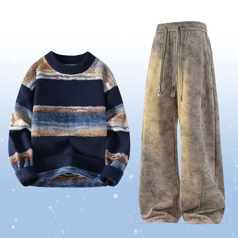 Stripe Knit Sweater Fleece Lined Pants Two Pieces - Set C - 4XL - image 3