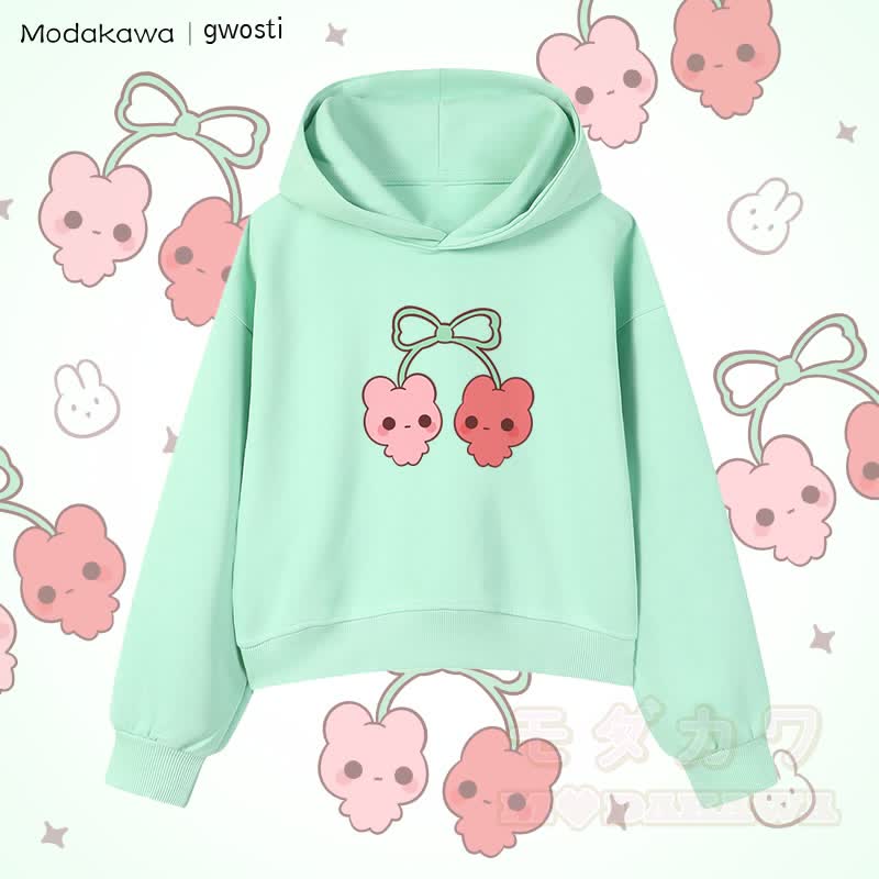 MODAKAWA X gwosti Cherries Graphic Cropped Cotton Hoodie - Green - 3XL - image 5