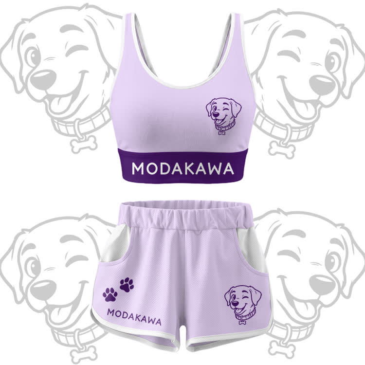 Happy Puppy Graphic Crop Tank Sport Top Shorts Bikini Modakawa Matching Outfit - Purple Set - 5XL - image 12