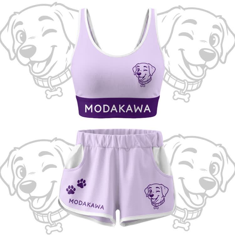 Happy Puppy Graphic Crop Tank Sport Top Shorts Bikini Modakawa Matching Outfit - Purple Set - 5XL - image 12