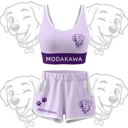 Happy Puppy Graphic Crop Tank Sport Top Shorts Bikini Modakawa Matching Outfit - Purple Set - 5XL - image 12