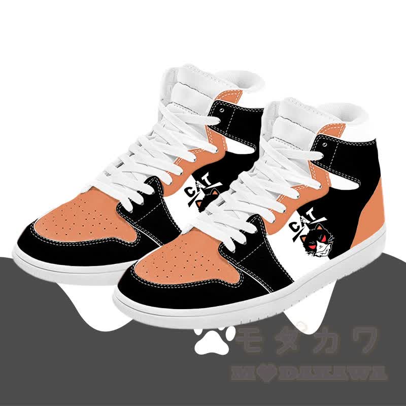 MODAKAWA Black Cat Graphic Color Block High Top Canvas Shoes - Orange - 48 - image 3