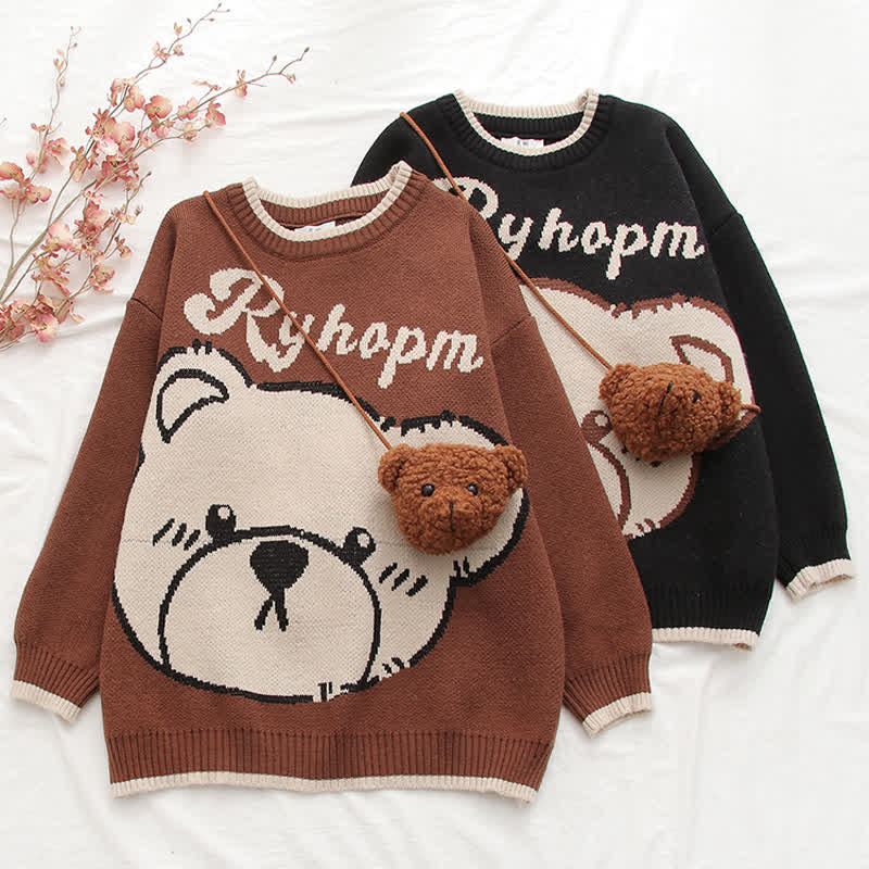 Bear Print Round Collar Sweater With Crossbody Bag - image 3
