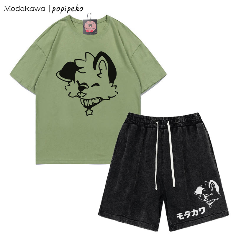 MODAKAWA X popipeko Puppy Letter T-shirt Vintage Washed Shorts Two Pieces Set - Green&Black - 3XL - image 7