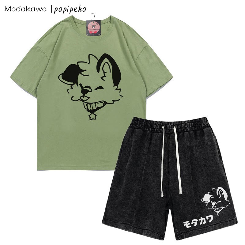 MODAKAWA X popipeko Puppy Letter T-shirt Vintage Washed Shorts Two Pieces Set - Green&Black - 3XL - image 7