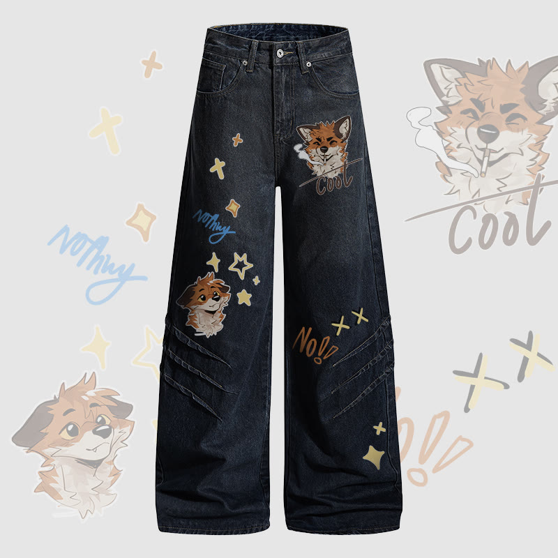 MODAKAWA X atka Fox Smoking Graphic Denim Pants - Dark Blue - 2XL - image 1