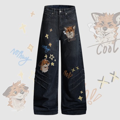 MODAKAWA X atka Fox Smoking Graphic Denim Pants - Dark Blue - 2XL - image 1