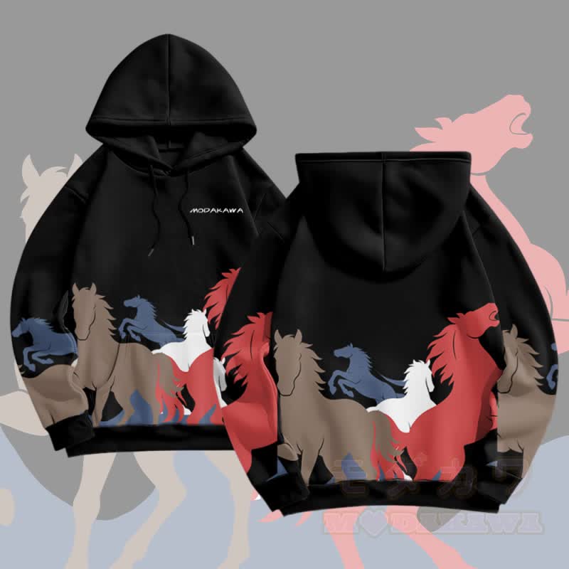 MODAKAWA Running Horse Graphic All Over Print Pullover Hoodie - Black - 5XL - image 3