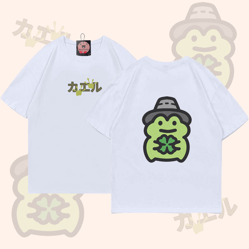 Four-Leaf Clover Frog Graphic T-shirt - White - 5XL - image 2