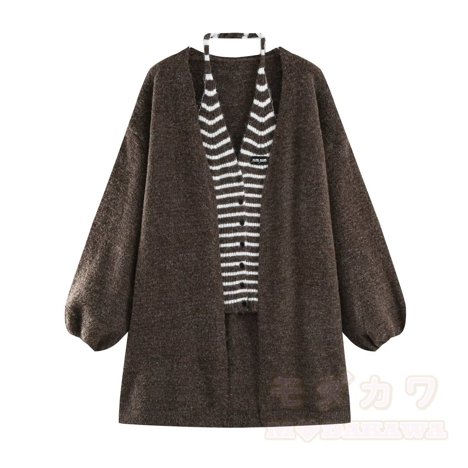 Chic Striped Knit Vest with Cardigan Jacket - Brown - L - image 11