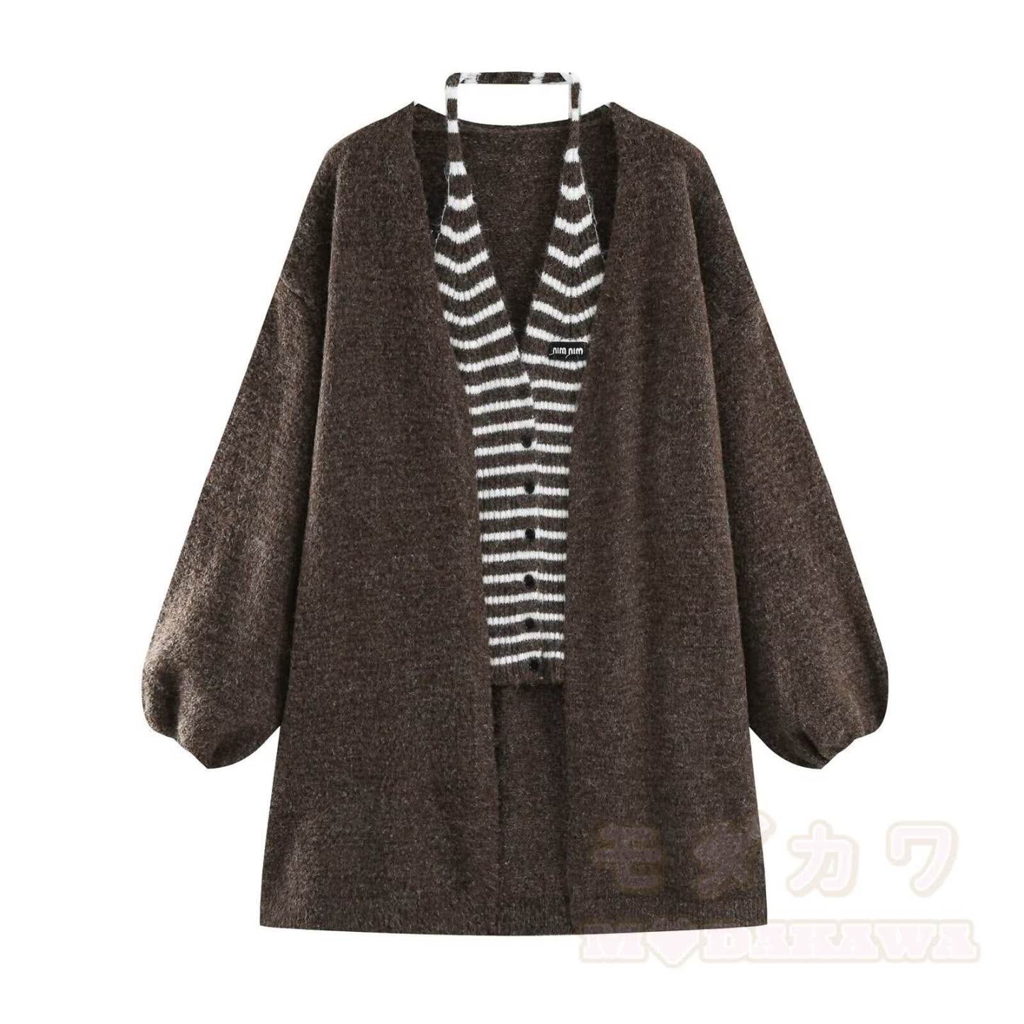 Chic Striped Knit Vest with Cardigan Jacket - Brown - L - image 11