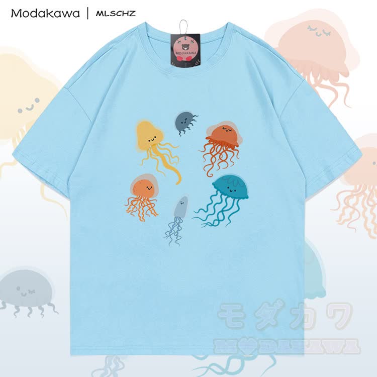 MODAKAWA X MLSCHZ Jellyfish Graphic 100% Cotton T-shirt Gradient Shorts Matching Outfit - Sky Blue T-shirt - 5XL - image 4