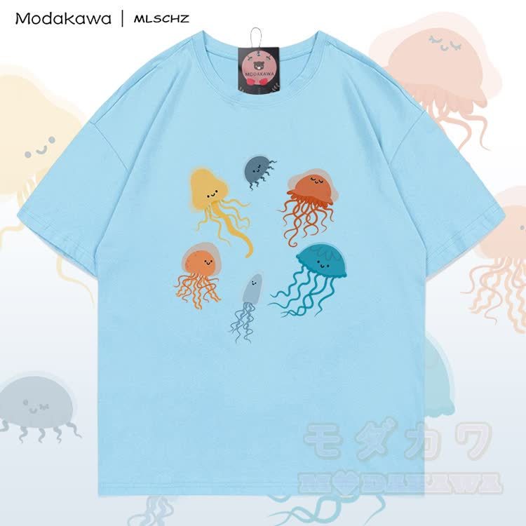 MODAKAWA X MLSCHZ Jellyfish Graphic 100% Cotton T-shirt Gradient Shorts Matching Outfit - Sky Blue T-shirt - 5XL - image 4