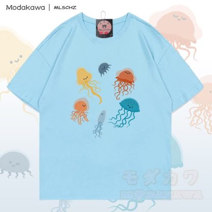MODAKAWA X MLSCHZ Jellyfish Graphic 100% Cotton T-shirt Gradient Shorts Matching Outfit - Sky Blue T-shirt - 5XL - image 4