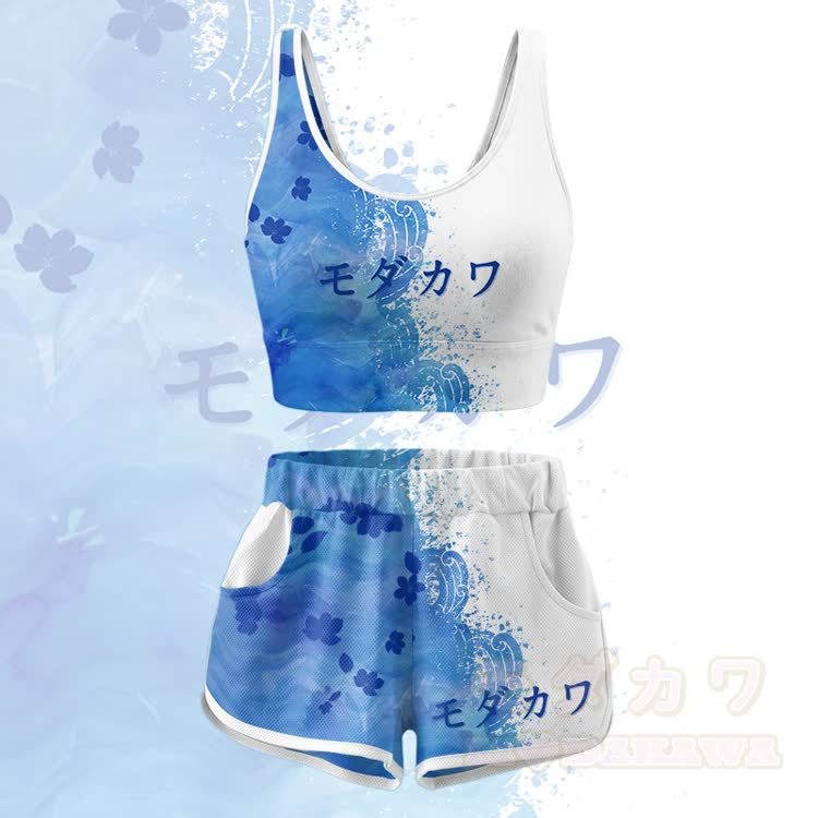 Floral Graphic Crop Tank Sport Top Shorts Bikini Modakawa Matching Outfit - Blue & White Set - 5XL - image 4