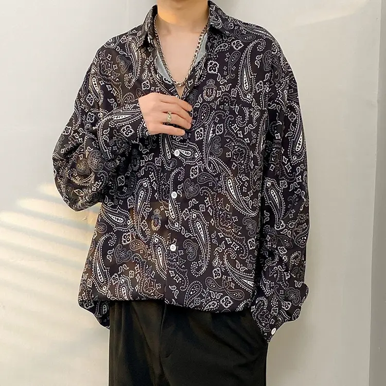 Men's Vintage Print Long Sleeve Button-Up Shirt - Multicolor F - 3XL - image 7