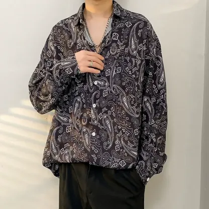 Men's Vintage Print Long Sleeve Button-Up Shirt - Multicolor F - 3XL - image 7