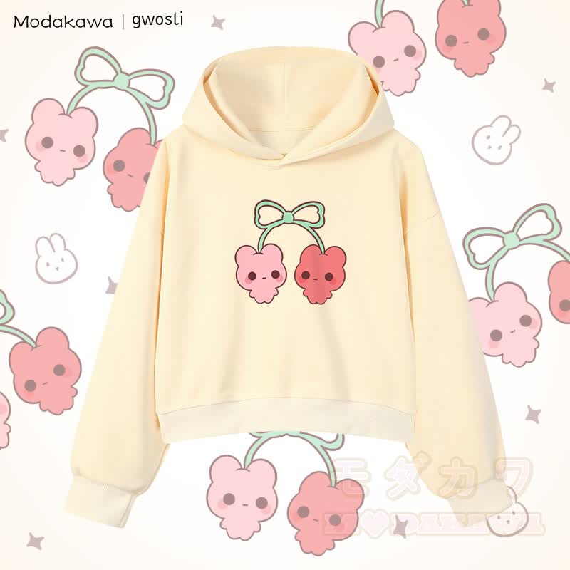 MODAKAWA X gwosti Cherries Graphic Cropped Cotton Hoodie - Apricot - 3XL - image 4