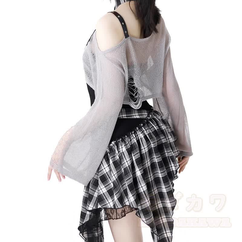 Gothic Sheer Mesh Top Plaid Dress Two Pieces Set - image 6