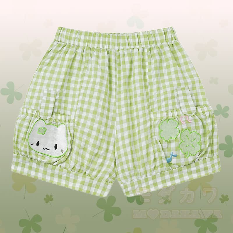 Flock Cat Graphic Raglan T-shirt Kitty Gingham Shorts Modakawa Matching Outfit - Green Shorts - L - image 9
