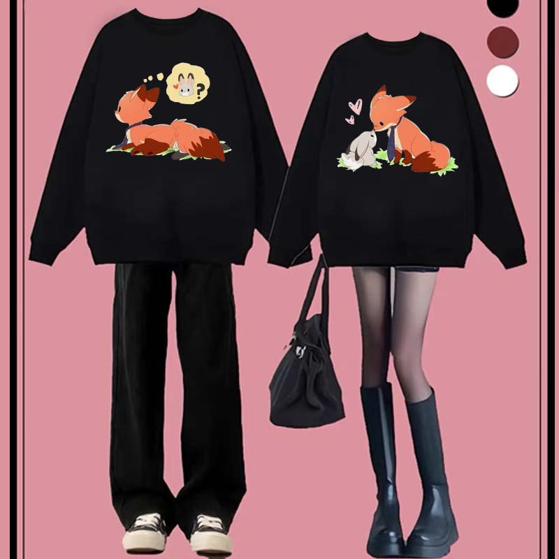 Modakawa Girlfriend Boyfriend Fox Bunny Print Round Collar Sweatshirt - image 5