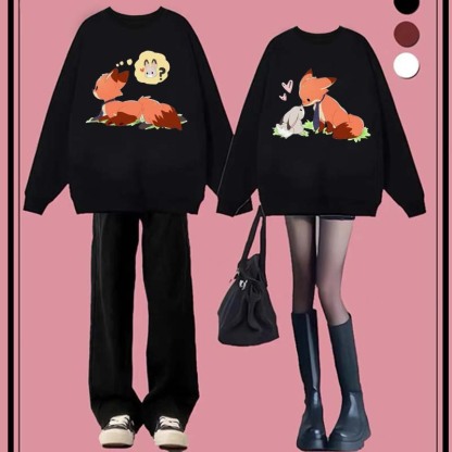 Modakawa Girlfriend Boyfriend Fox Bunny Print Round Collar Sweatshirt - image 5