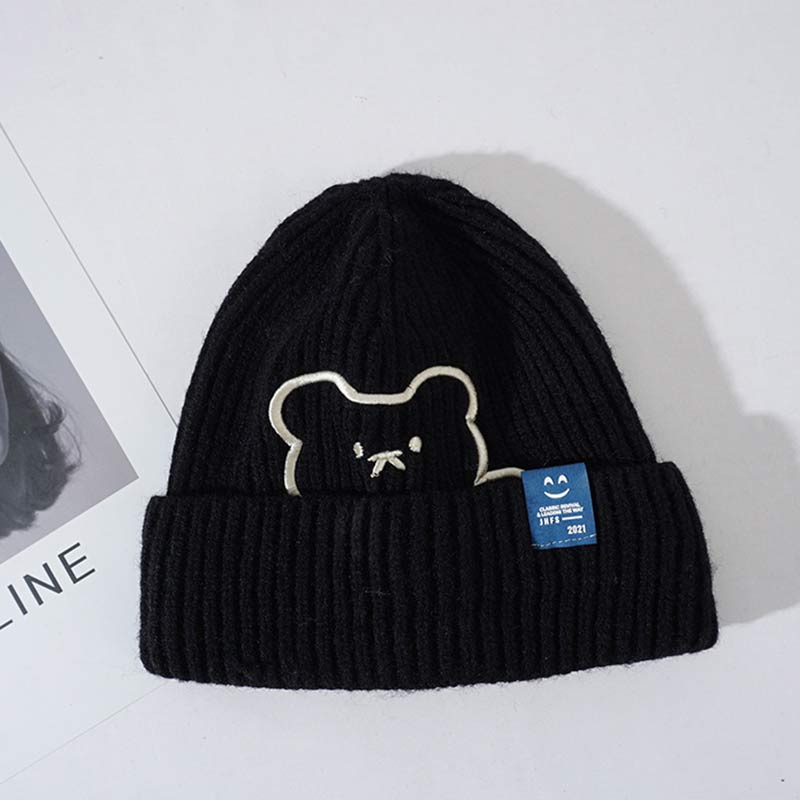 Cartoon Bear Embroidery Knit Hat - Black - M(54-58cm) - image 16