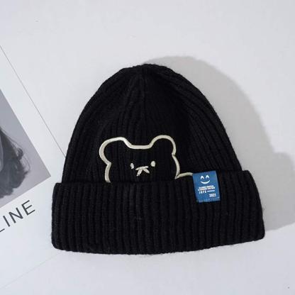 Cartoon Bear Embroidery Knit Hat - Black - M(54-58cm) - image 16